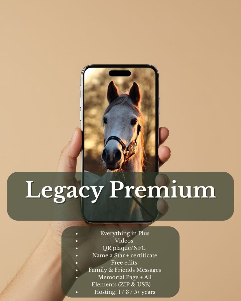 Legacy Lite pet memorial package – dog tribute displayed on phone with included features