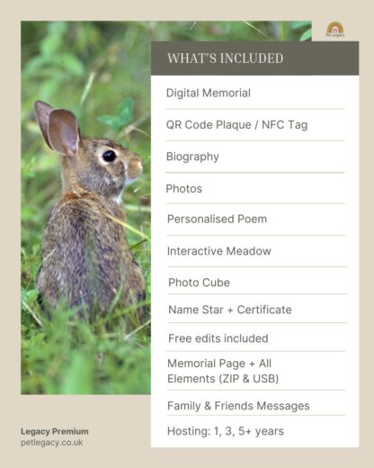 Legacy Premium pet memorial package – rabbit tribute with full list of included features