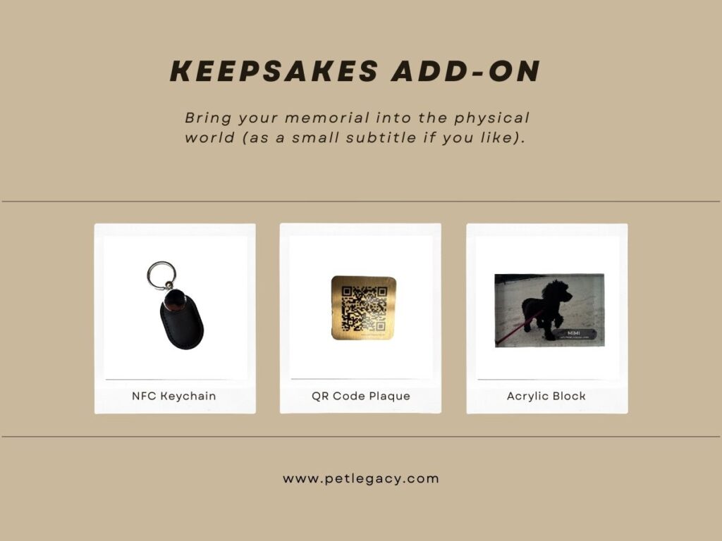 Pet memorial keepsakes including gold QR code plaque, acrylic block, and keyring