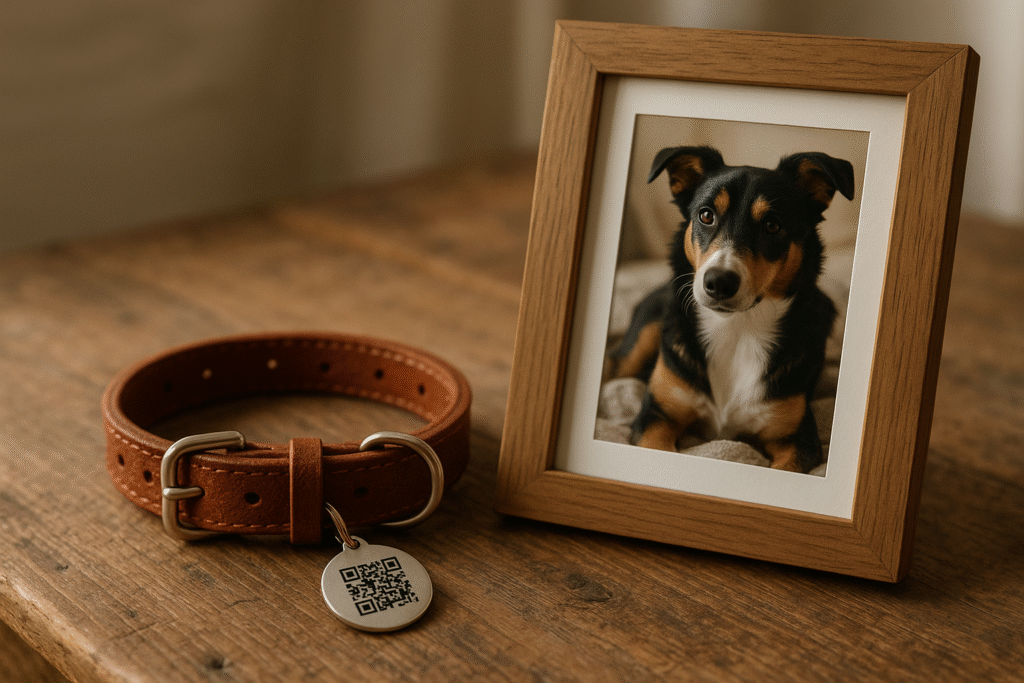 Brown dog collar with a QR code tag placed beside a framed photo of a black and tan dog, representing a pet tribute QR code memorial in the UK.