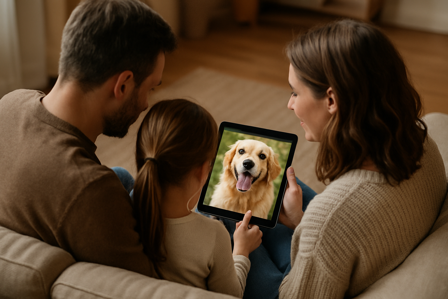 A family of three sitting together on a sofa, looking at a tablet showing a smiling dog — a natural, heartwarming moment that reflects how families use a pet remembrance page to share memories.