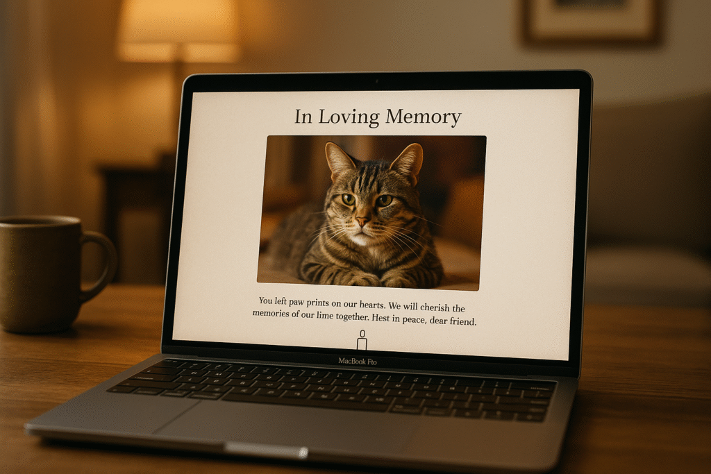 A laptop on a wooden table displaying a digital pet remembrance page for a cat, with the words “In Loving Memory” and a warm, comforting tribute.