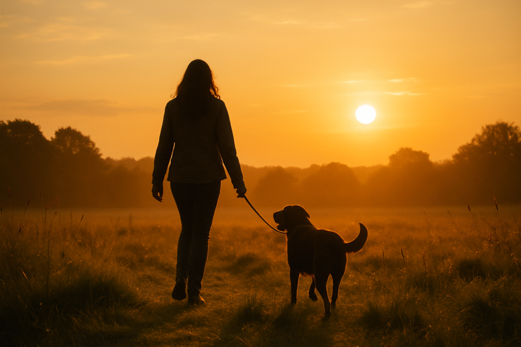 A woman walking her dog through a meadow at sunset, a peaceful and hopeful scene symbolizing love, memory, and the lasting bond celebrated in a pet remembrance page.