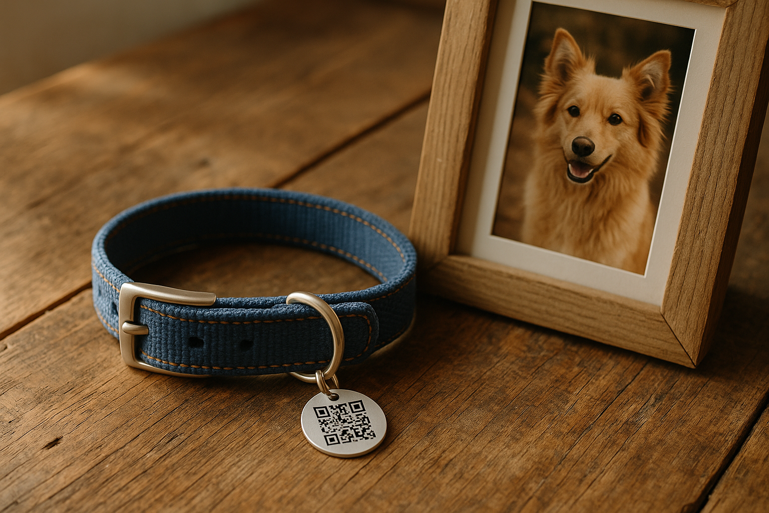 Blue dog collar with a QR code tag placed beside a framed photo of a golden dog, symbolising a pet tribute QR code in the UK.