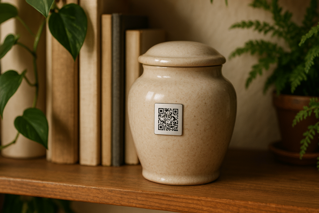 Ceramic pet urn with a small QR code plaque on a wooden shelf at home, surrounded by books and plants, symbolising a modern pet tribute QR code in the UK.